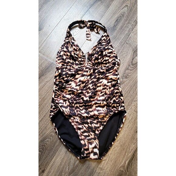 Aqua Green Tiger Print Haulter One Piece Swimsuit Women's Size Medium - Picture 1 of 4